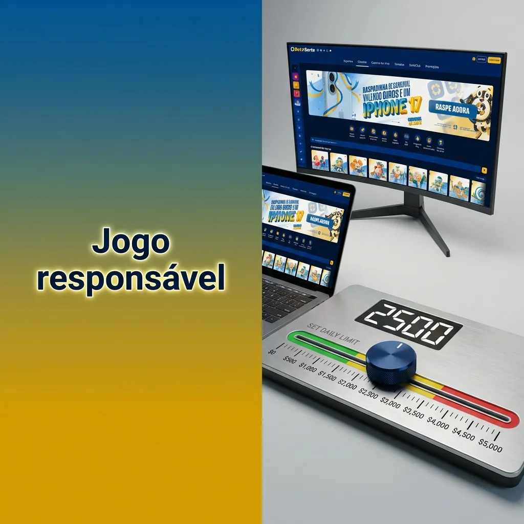 Ilustração sobre jogo responsável, com jogador controlando orçamento, tempo e emoções ao apostar online.